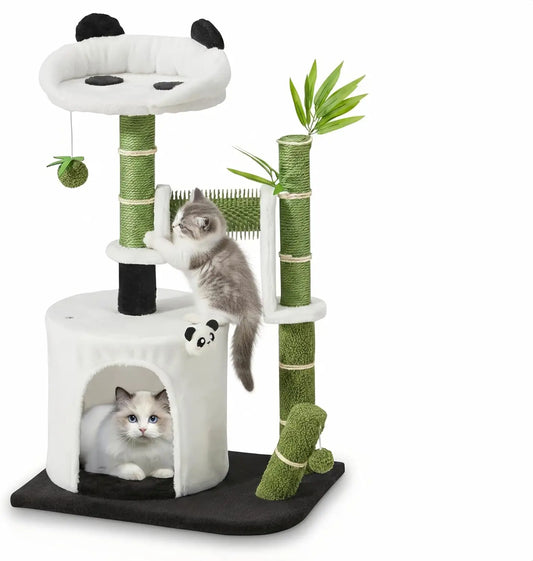 Panda Cat Tree, 30.7' Indoor Cat Tower with Self Groomer, Two-Layer Modern Cat Scratching Post Interactive Toy with Dangling
