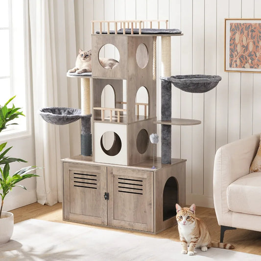 All-in-One Modern Cat Tower - 31.5" L x 17.7" W x 57" H Multi-Level Cat Furniture