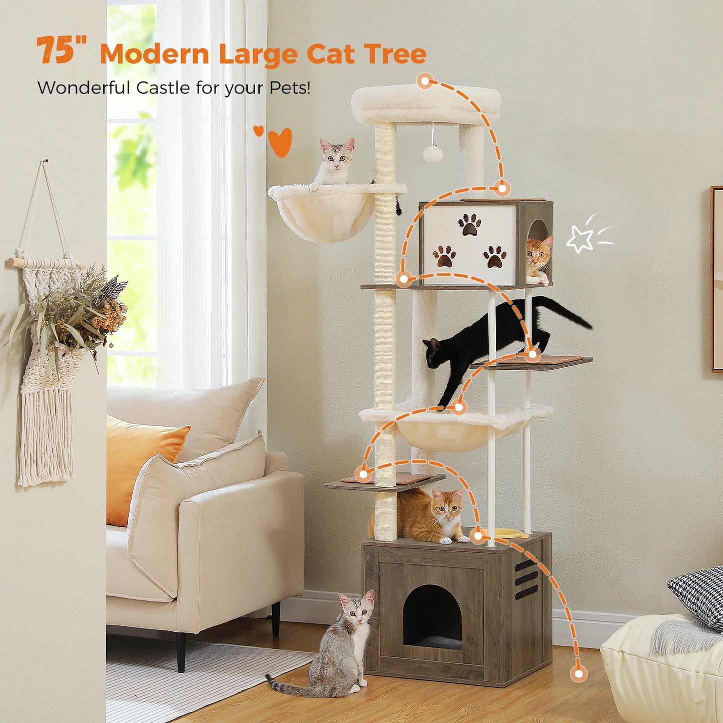 Large Cat Tree Wooden Tower with Extra Large Condos and Hammocks Modern Cat House with Spacious Perch Sisal Posts and Steel Tube