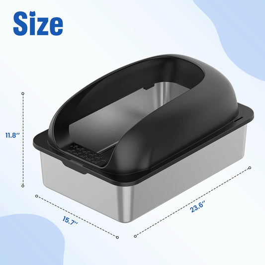 JHK Stainless 24IN Steel Cat Litter Box with Lid Large Cat Litter Box for Big Cats Anti-Urine Leakage Scoop and Mat Included