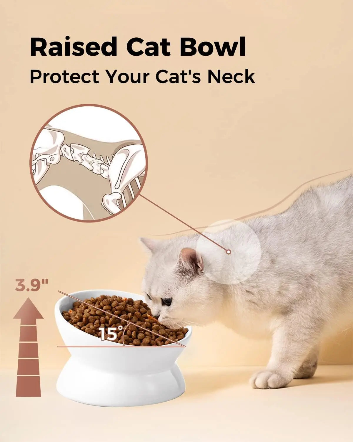 Elevated Cat Food Bowl, 5 Oz Ceramic Raised and Tilted Water Bowl, Anti Vomiting and Protect Pets' Spines Dishes for Small Dog,