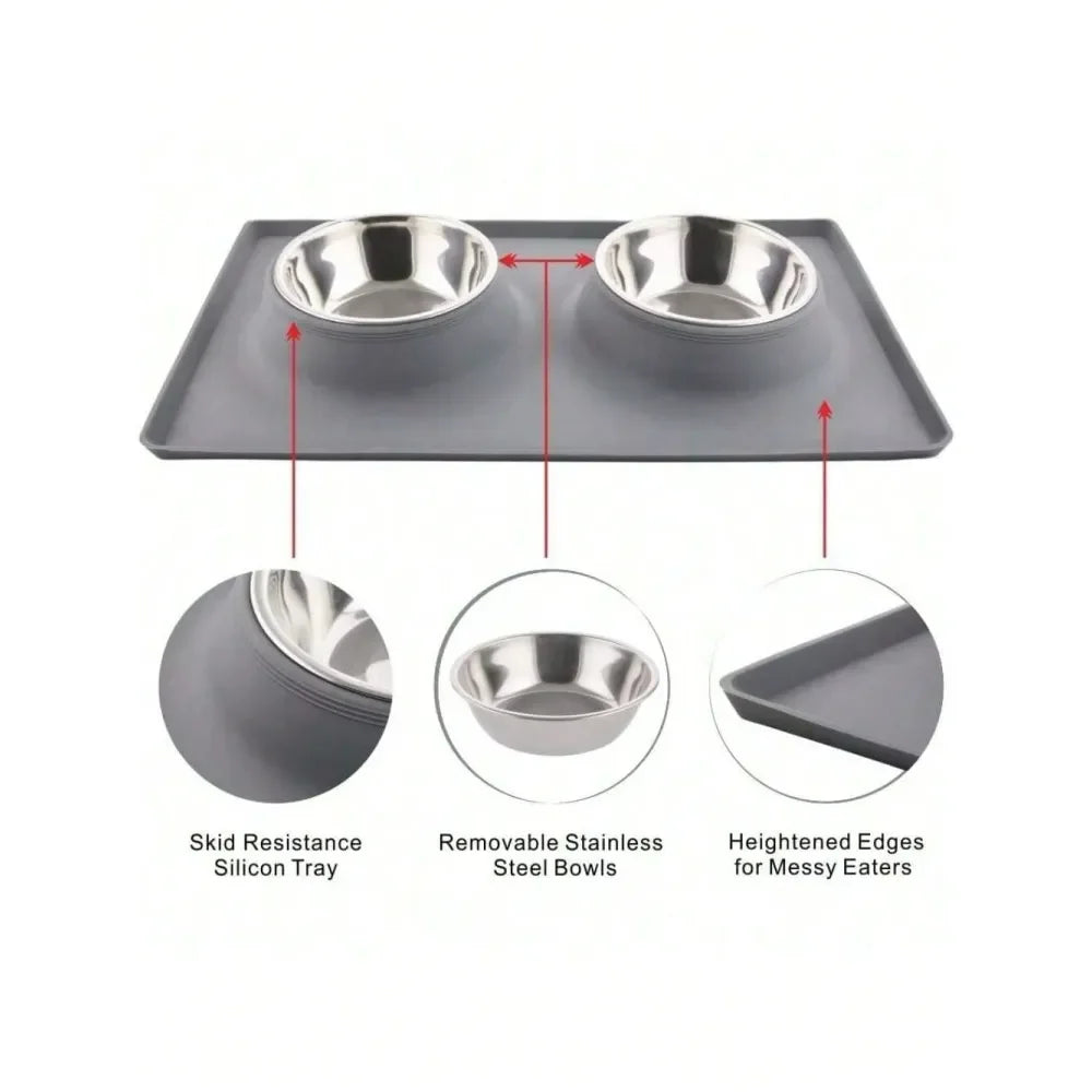 Dog Supplies Dogs Accessories Bowls With Mat, Cat Food Water Bowl Set 13.5oz Each In No Spill Silicone Mat, Dual Pet Feeder Bowl