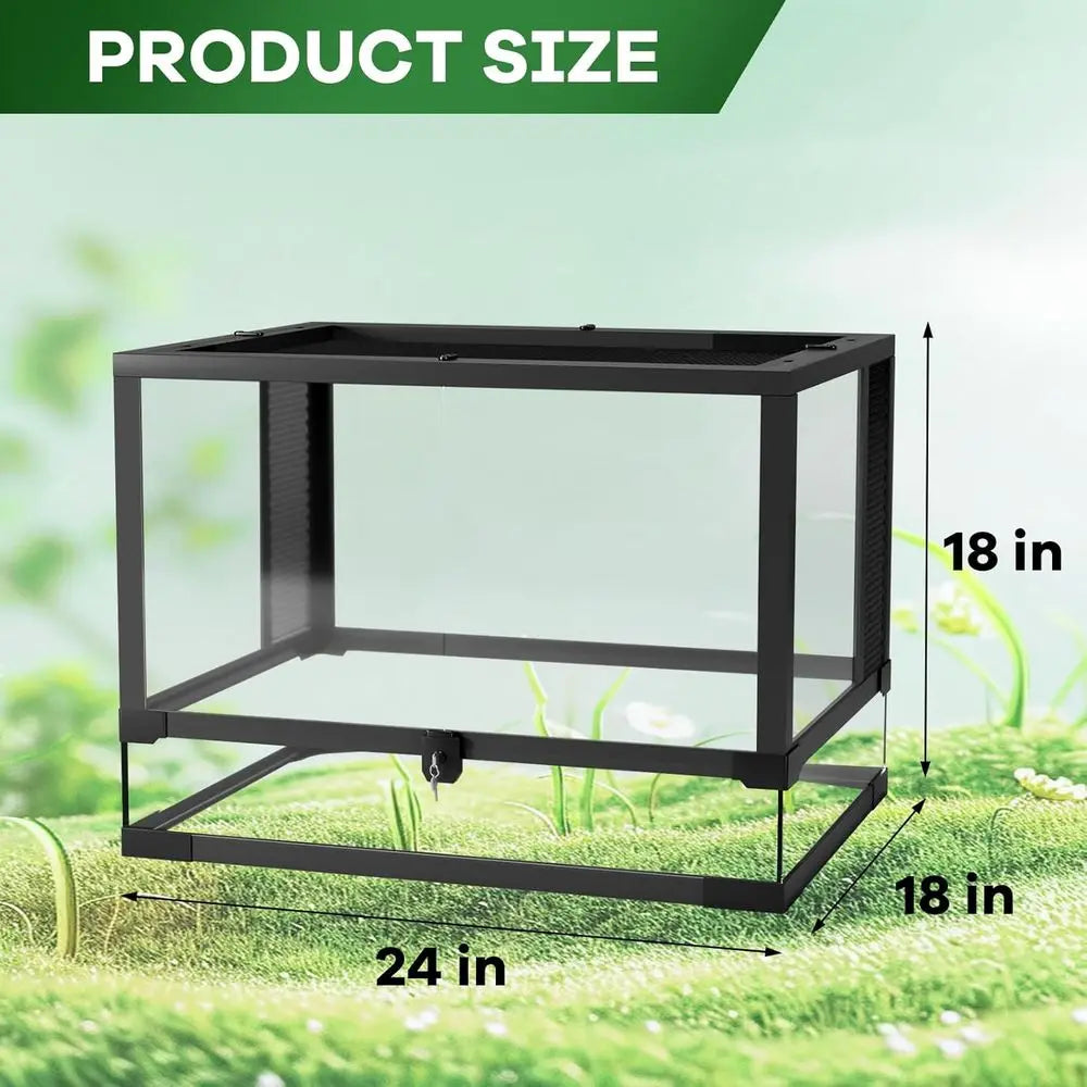 Glass Reptile Terrarium 24 x 18 x 18 Inch - Anti Ese Design, tile Desert or Rainorest Setup, Tempered Glass Tank, Top Sn Ventila