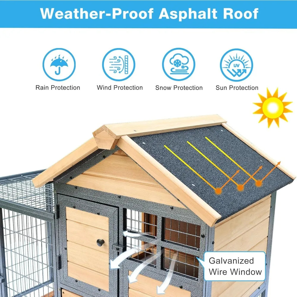 chicken coop and run, two story rabbit hutch indoor outdoor, waterproof metal frame hen house with nesting box rabbit cage, deep
