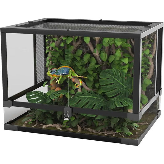 Glass Reptile Terrarium 24 x 18 x 18 Inch - Anti Ese Design, tile Desert or Rainorest Setup, Tempered Glass Tank, Top Sn Ventila