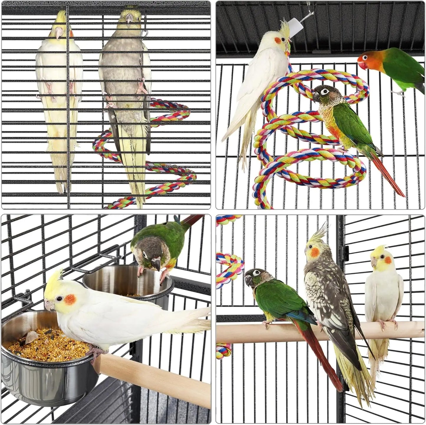 61in Large Parrot Cage Playtop Wrought Iron with Rolling Stand for Cockatiels Amazon Parrot Conure Lovebird Black