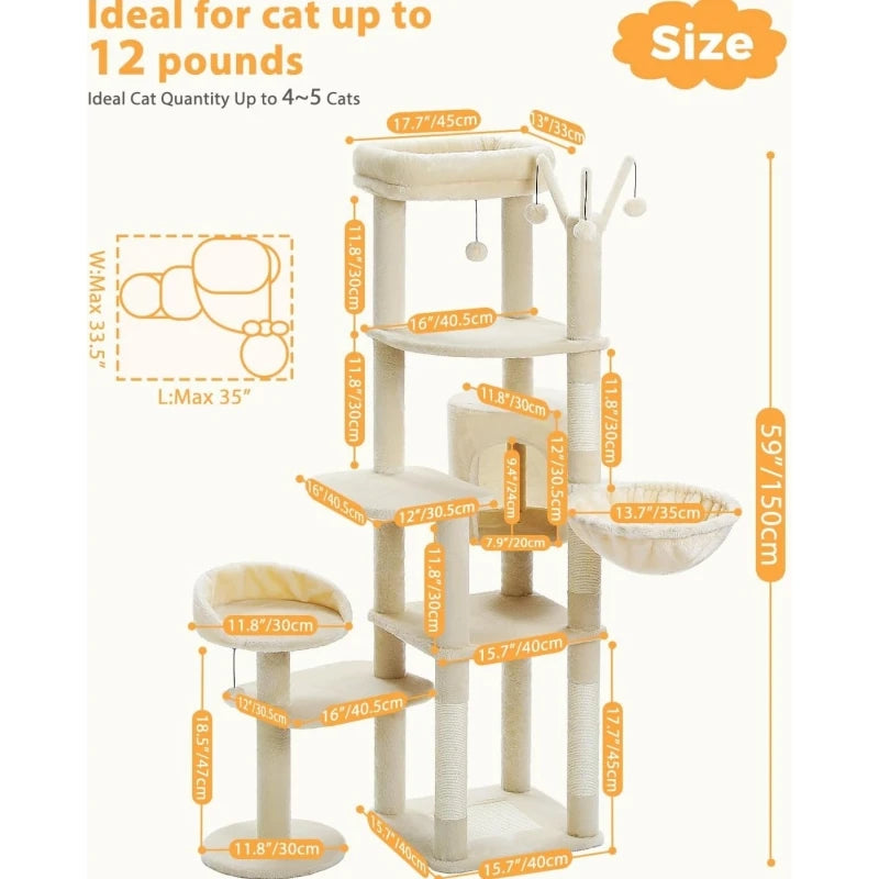 60.62 Inches Multi-Level Cat Tree Cat Tower for Indoor Cats with Sisal-Covered Scratching Post, Cozy Cat Condo, Padded Top Perch