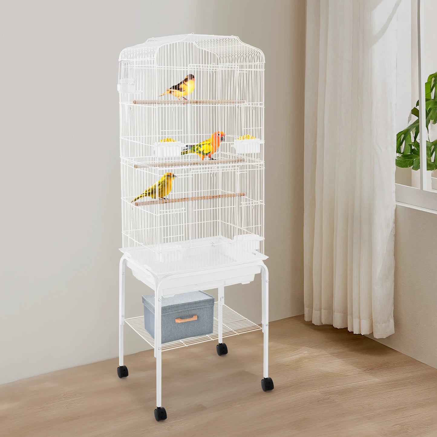 Large White Bird Cage with Wheels - 4 Casters (2 Brakes) Rectangular Parrot Breeding Cage Freestanding Iron Electrostatic Sprayi