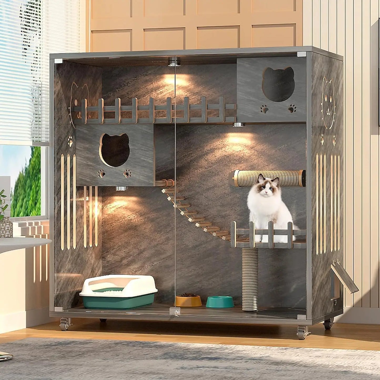 Large Cat Cage, Wooden Cat House for Outdoor/Indoor Cats, Multi-Feature Cat Condo with Scratching Posts and Wheels,, Custom