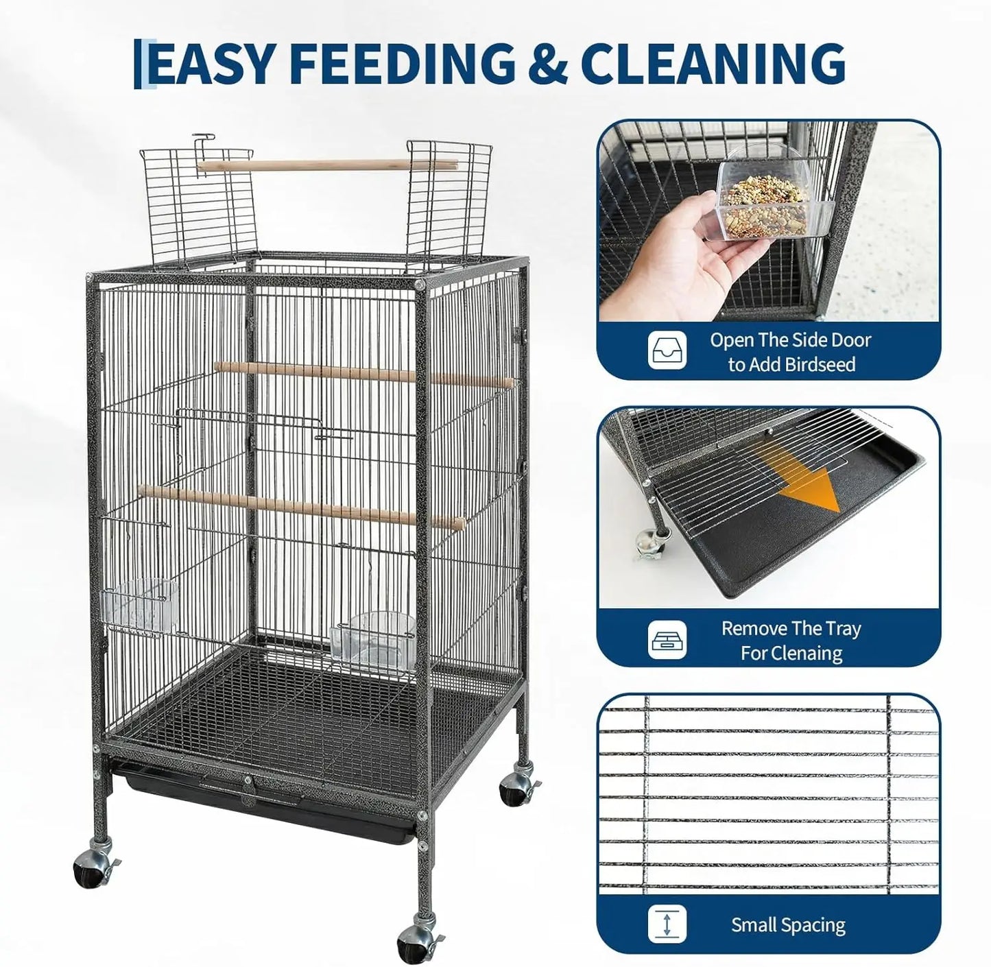 Heavy Duty Metal Bird Cage with Play Top and Rolling Stand,Spacious Flight Cage for Parakeets, Canaries, Lovebirds Easy Assembly