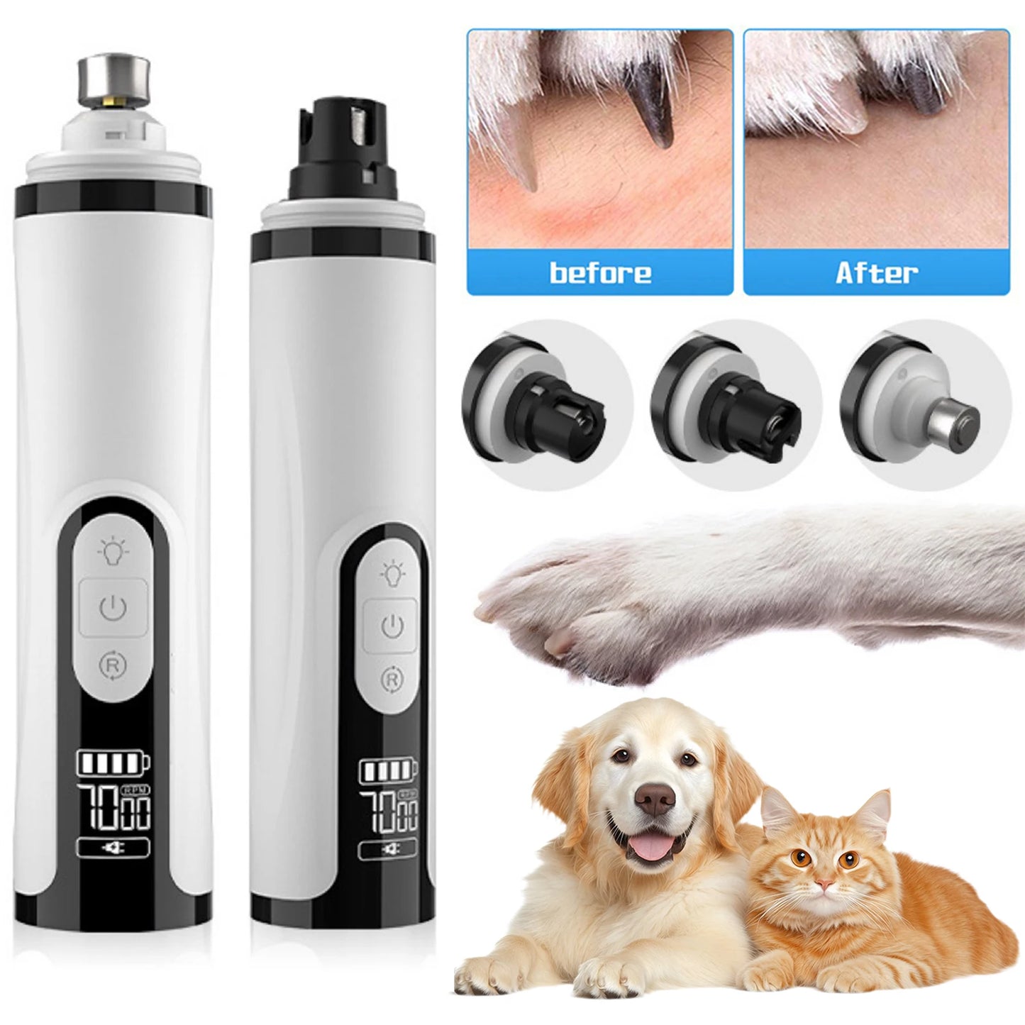 Electric Dog Nail Grinder Rechargeable Dog Nail Trimmer with 2 LED Lights Cat Nail Grinder for Small Medium Large Dogs Cats