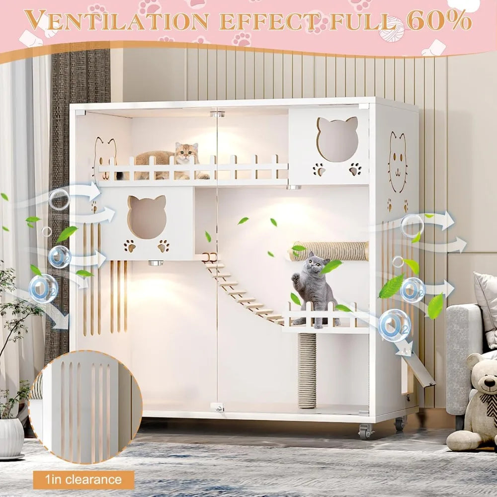 Large Indoor Wooden Cat Cage with Wheels Multi-Feature Enclosed Condo House for Cats with Ventilation