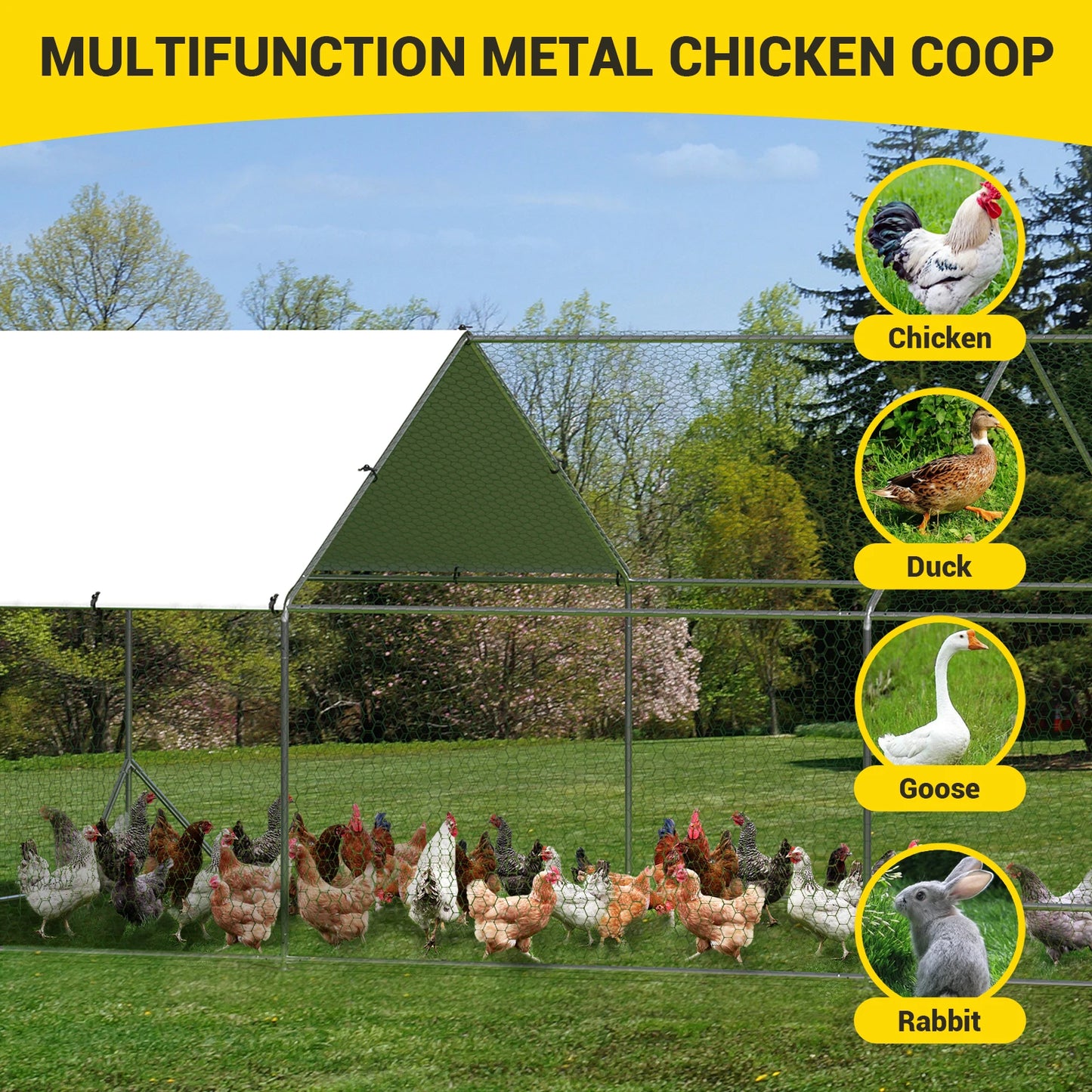 Large Metal Chicken Coop Run for 6/10 Chickens, Spire Shaped Walk in Fence Cage Hen House for Outdoor Yard Farm, Poultry Cage/Pe