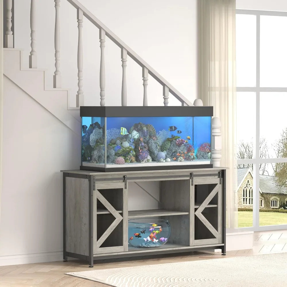 55-75 Gallon Fish Tank Stand, Aquarium Stand with Sliding Barn Door & Cabinet for Fish's Tank Accessories Storage, Heavy Duty