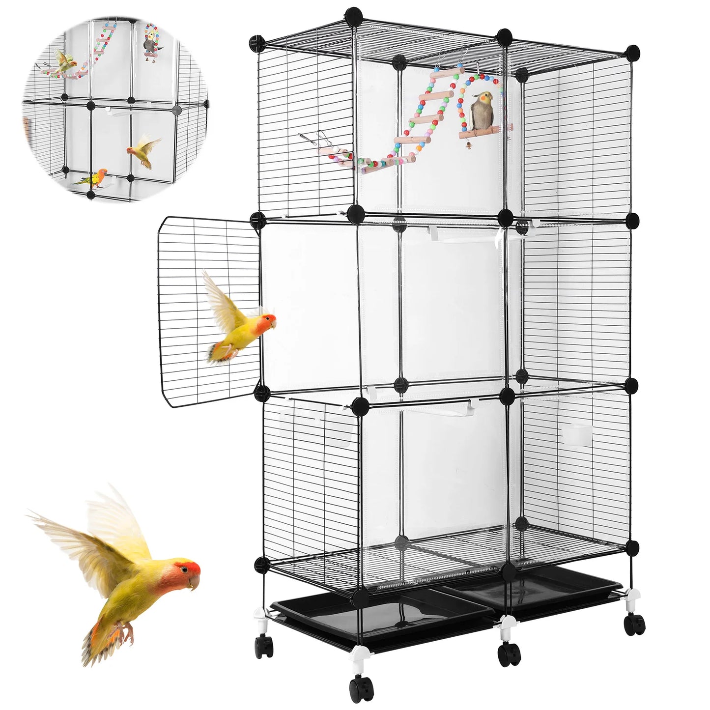 Bird Cage Universal Wheel Metal Parrot Cage with Stand Tray Swing Ladder (Black)