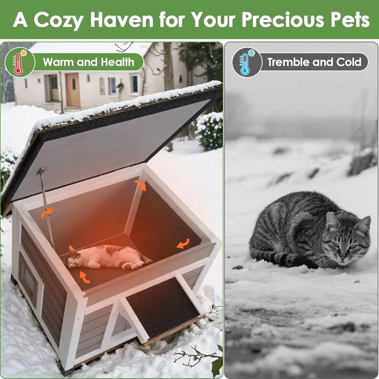 Insulated Cat House Weatherproof Outdoor/Indoor Shelter with Openable Asphalt Roof for Feral Cats & Small Pets, Customized
