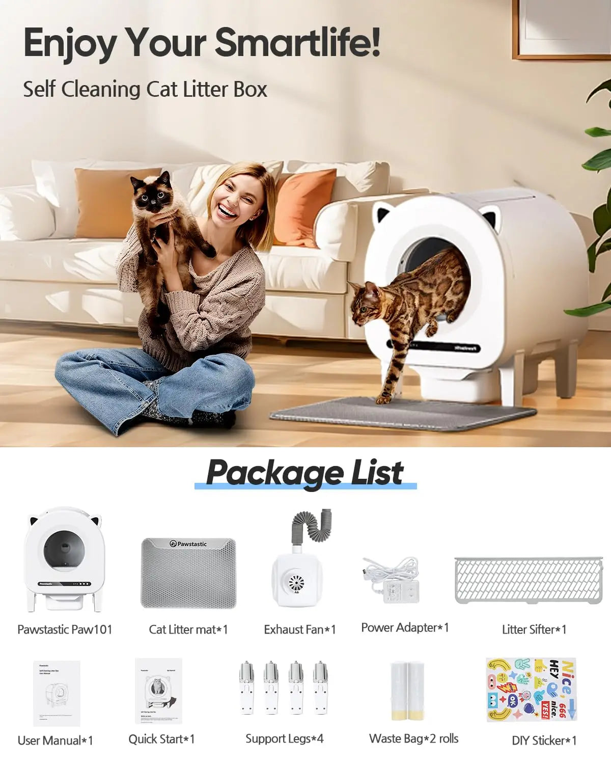 Automatic Litter Box, 68L Self-Cleaning Cat Litter Box Large Capacity for Multiple Cats, App Control, Dual Safety, Custom