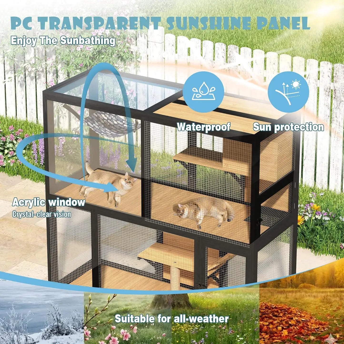 Catio Outdoor Cat Enclosure on Wheels, 4 Tier Large Cat House for Multiple Cats with Resting Box and Hammock, Indoor, Custom