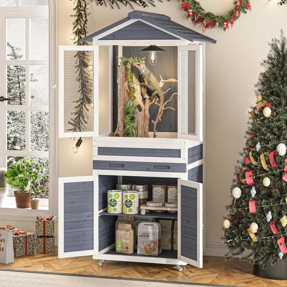 Large Wooden Reptile Enclosure for Bearded Dragons, Geckos, Lizards, and Chameleons with Storage, Ventilation, and Wheels