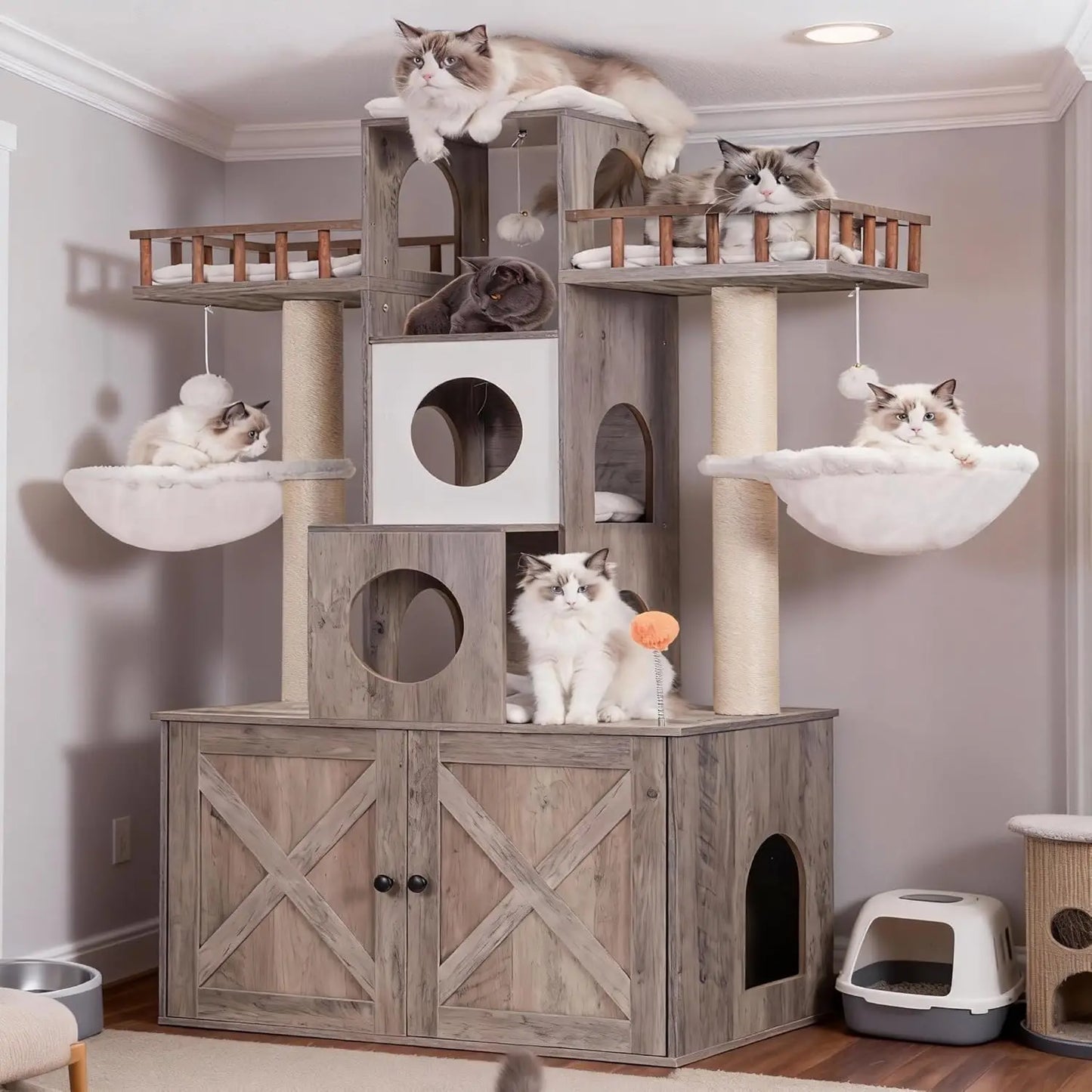 Large Cat Tree with Litter Box Enclosure, Heavy Duty Tower for Indoor Cats up to 20lbs, Modern Furniture with Scratching Posts