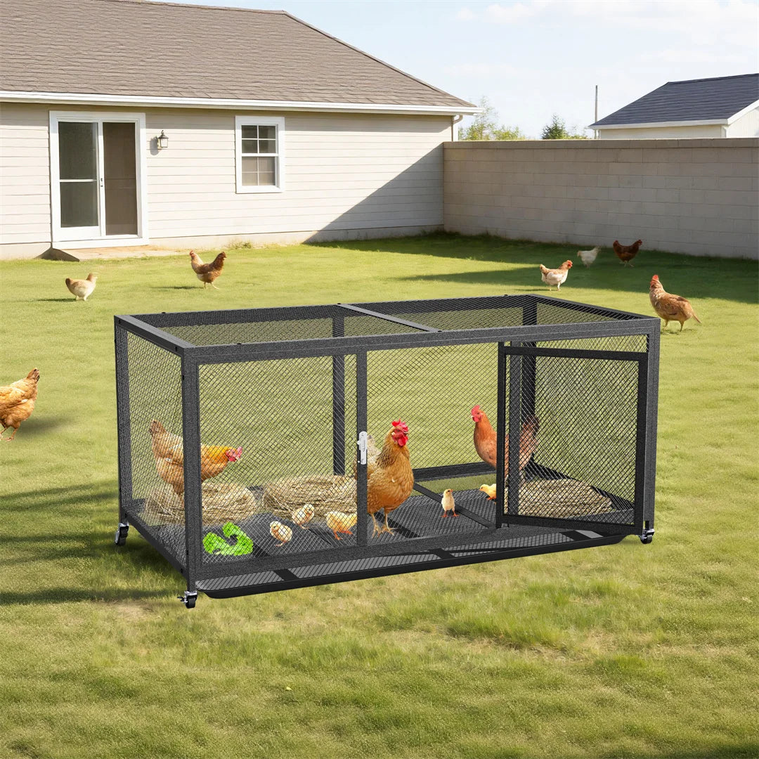 Outdoor Heavy Duty Metal Chicken Coop Poultry Cage with Anti-UV Cover, Feeding Door & Wheels for Duck Rabbits
