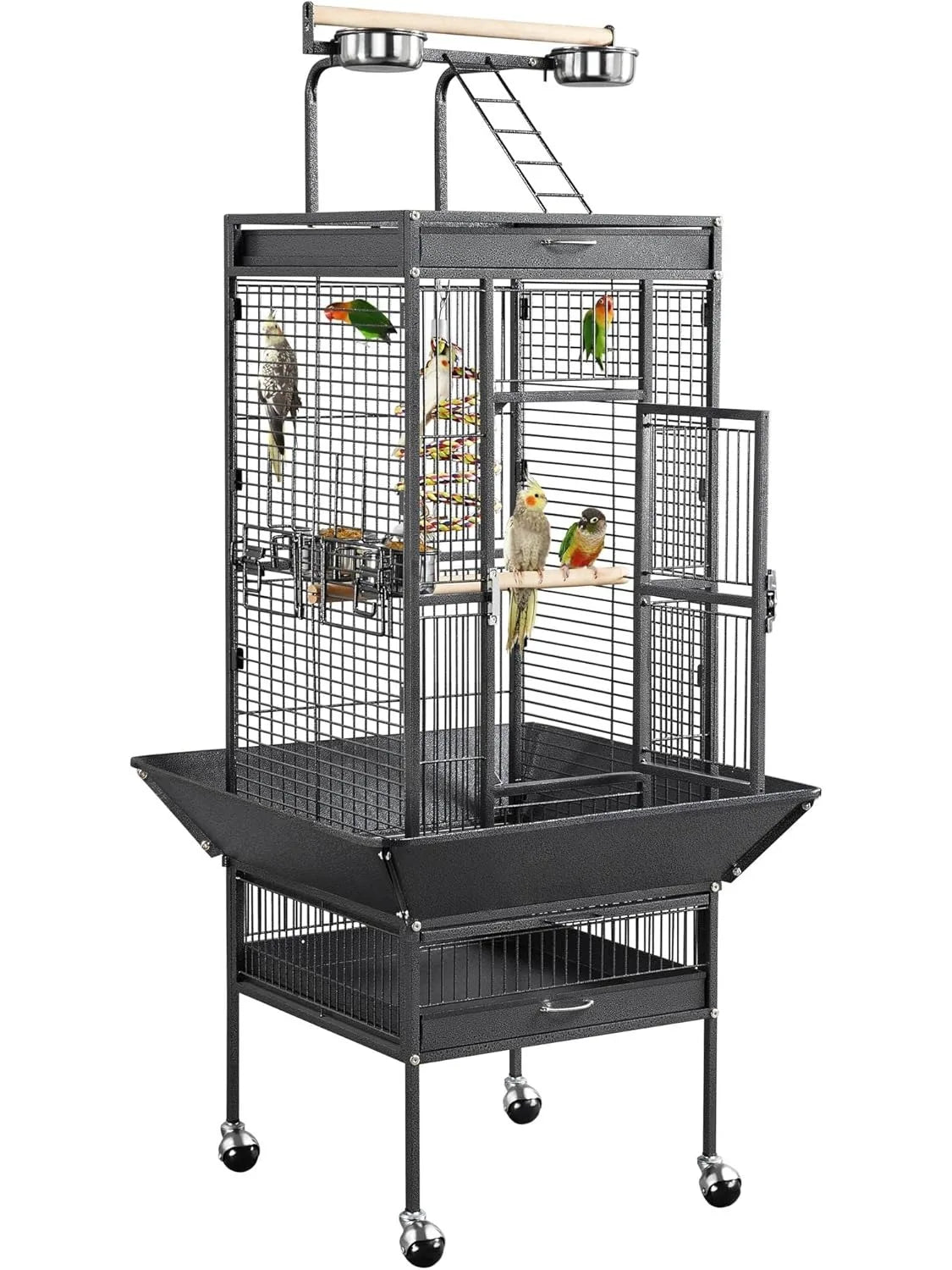 61in Large Parrot Cage Playtop Wrought Iron with Rolling Stand for Cockatiels Amazon Parrot Conure Lovebird Black