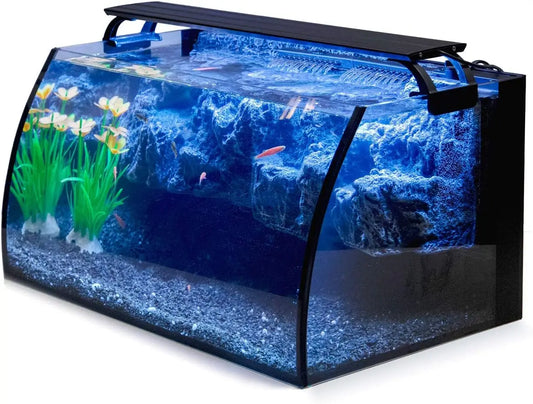 8 Gallon LED Glass Aquarium Kit with 7W Filter, 18W Colored Light, Curved Tank and 3D Rockery Background for Beginners