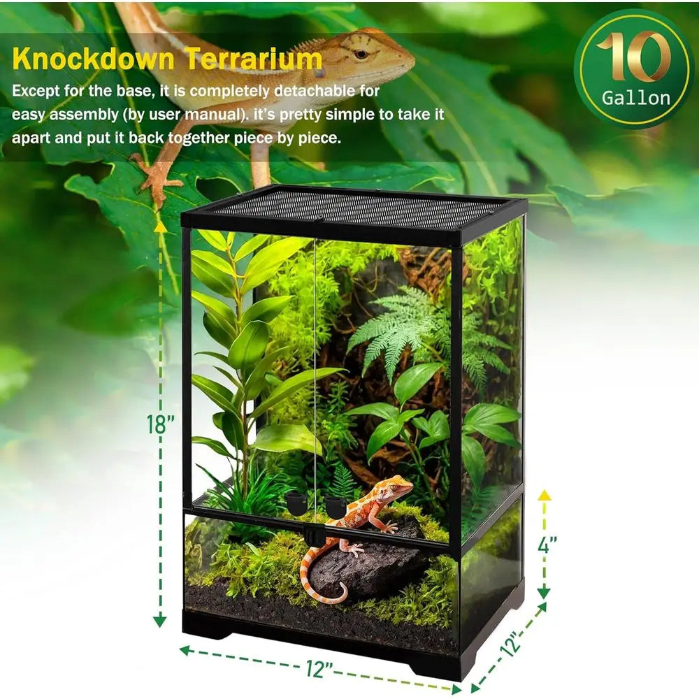 12x12x18 Glass Terrarium Tank, 10 Gallon, Heat-Resistant Frame, Dual Swing Doors for Reptile Habitat