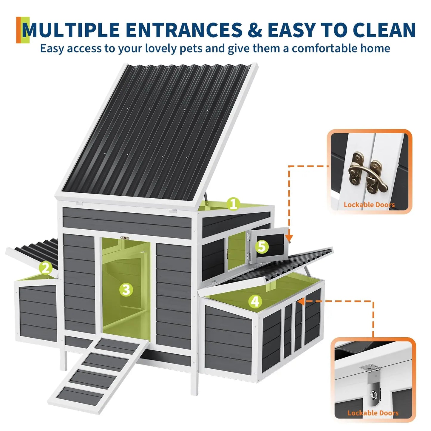 Large Wooden Chicken Coop For 4-6 Chickens 2 Nesting Boxes Pull-Out Tray & No-Slip Ramp Weatherproof Backyard Poultry Cage