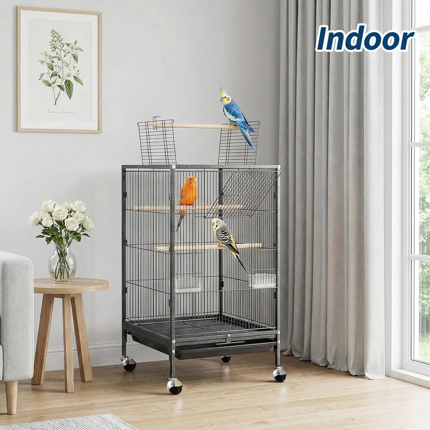 Heavy Duty Metal Bird Cage with Play Top and Rolling Stand,Spacious Flight Cage for Parakeets, Canaries, Lovebirds Easy Assembly