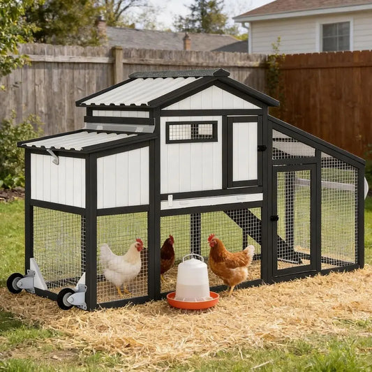 Chicken Coop and Run with Wheels, Portable Two SRabbit Hutch Indoor Outdoor, Wooden Hen House with Nesting Box, p & Deep No Leak