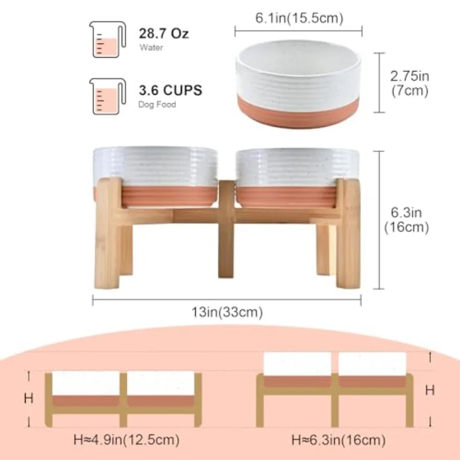 Elevated Dog Bowls Ceramic, 6.1'' Dogs and Cat Food Water Bowls Raised with Non-Slip Bamboo Stand for Medium Sized Breed Microw