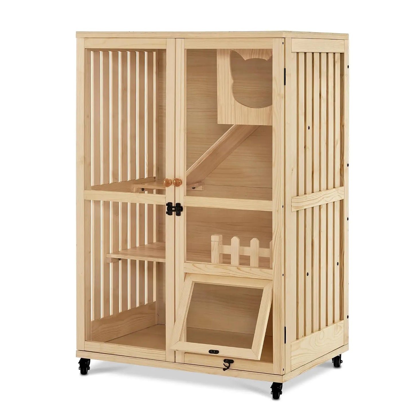 Wooden Cat Houses for Indoor Cats, Luxury Kitten House with Scratching Pad, Lockable Doors, Wheels, CT090, Custom