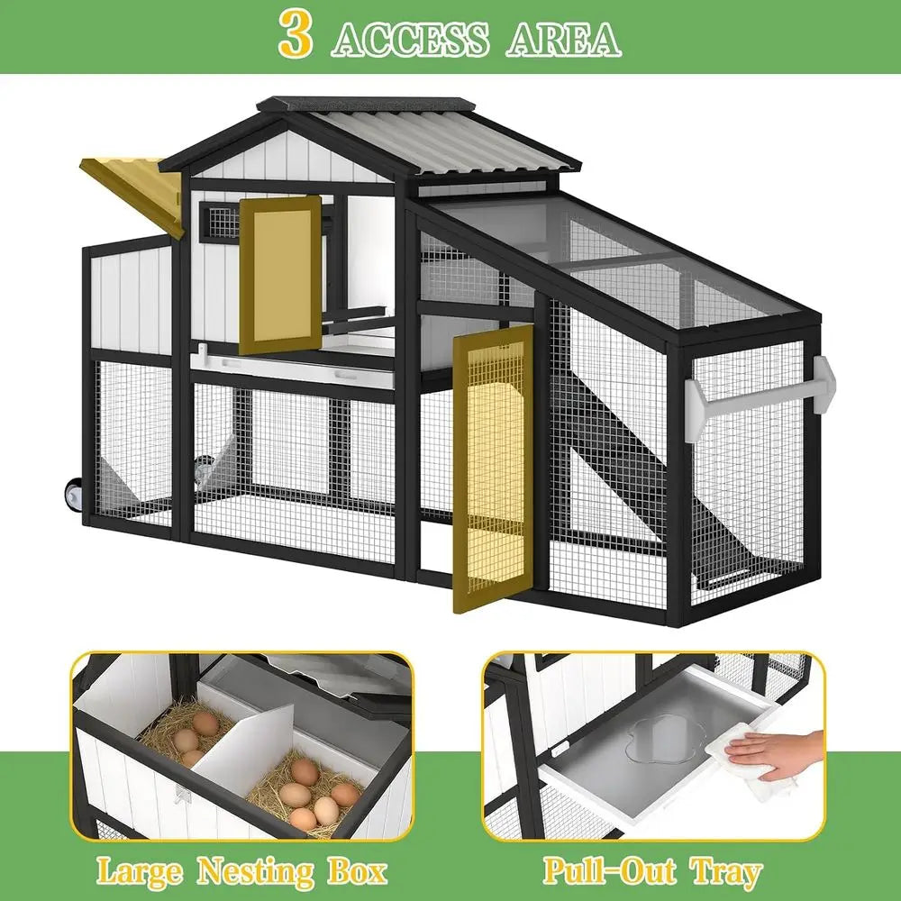 Chicken Coop and Run with Wheels, Portable Two SRabbit Hutch Indoor Outdoor, Wooden Hen House with Nesting Box, p & Deep No Leak