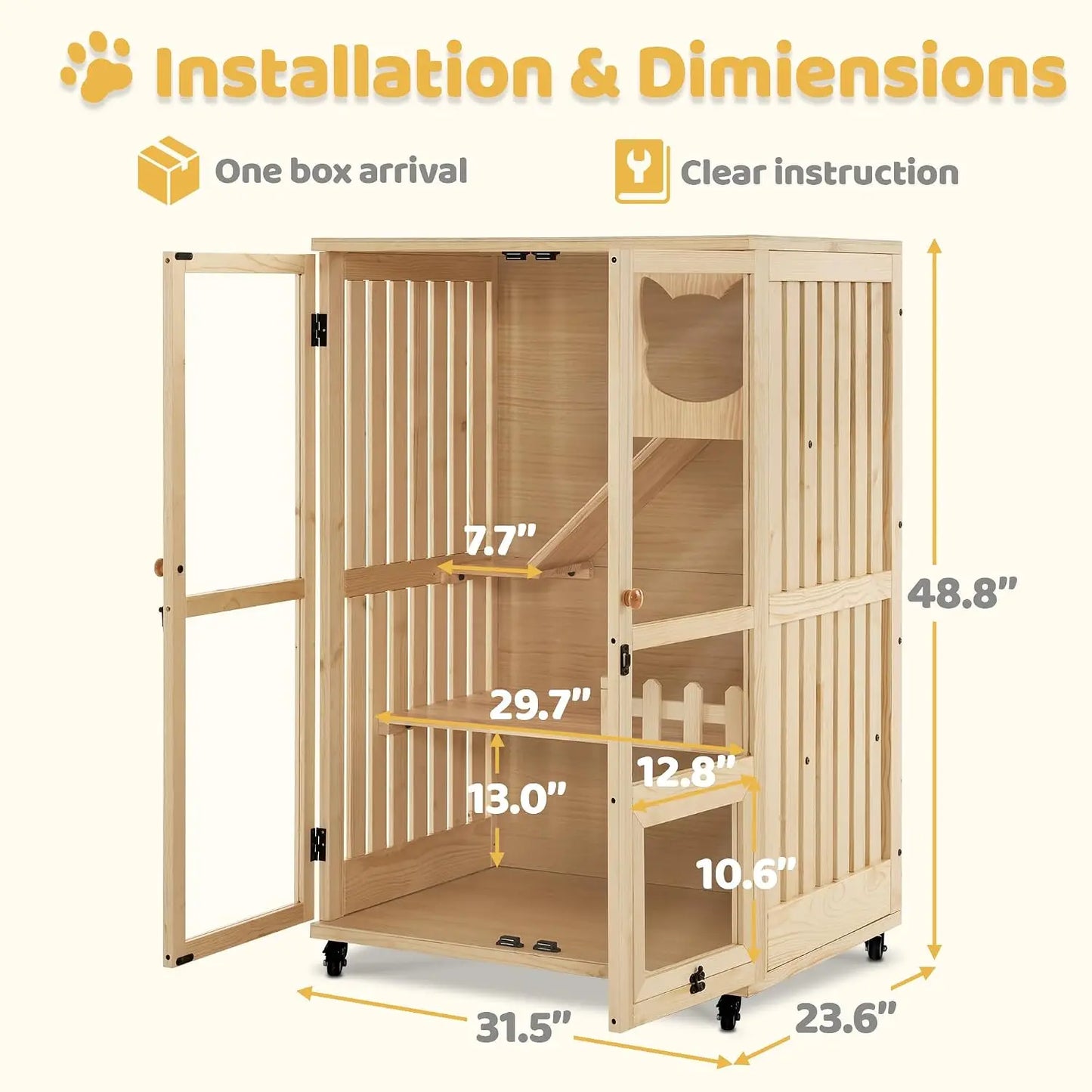 Wooden Cat Houses for Indoor Cats, Luxury Kitten House with Scratching Pad, Lockable Doors, Wheels, CT090, Custom