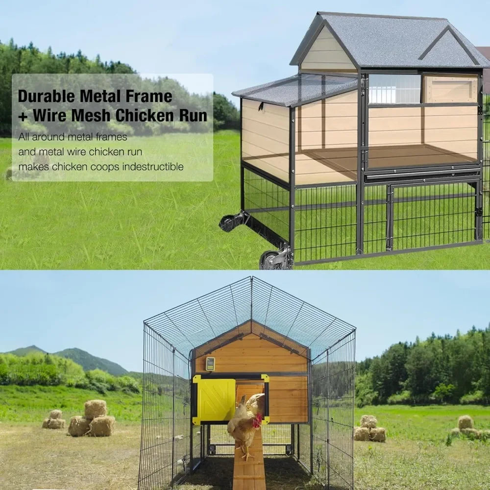 Large Chicken Coop with Metal Frame Mobile Hen House Poultry Cage with Wheels