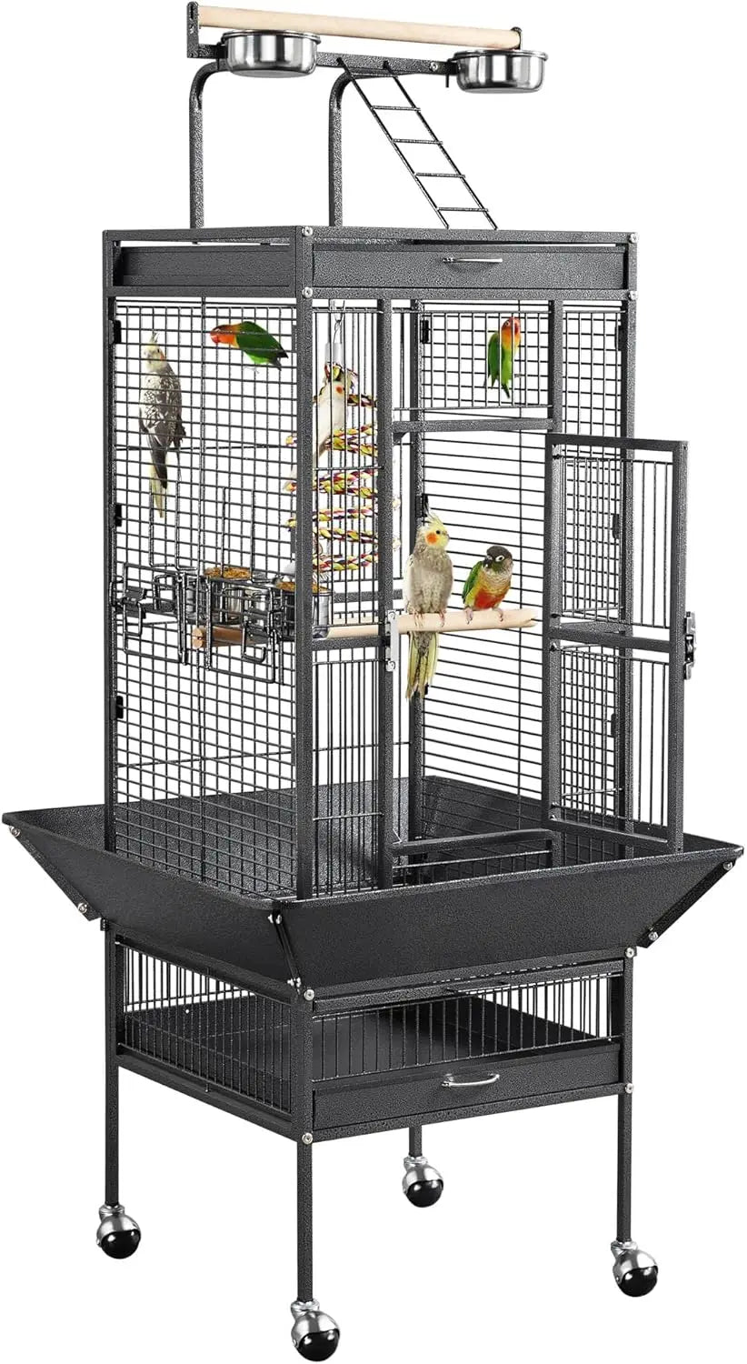 61in Large Parrot Cage Playtop Wrought Iron with Rolling Stand for Cockatiels Amazon Parrot Conure Lovebird Black