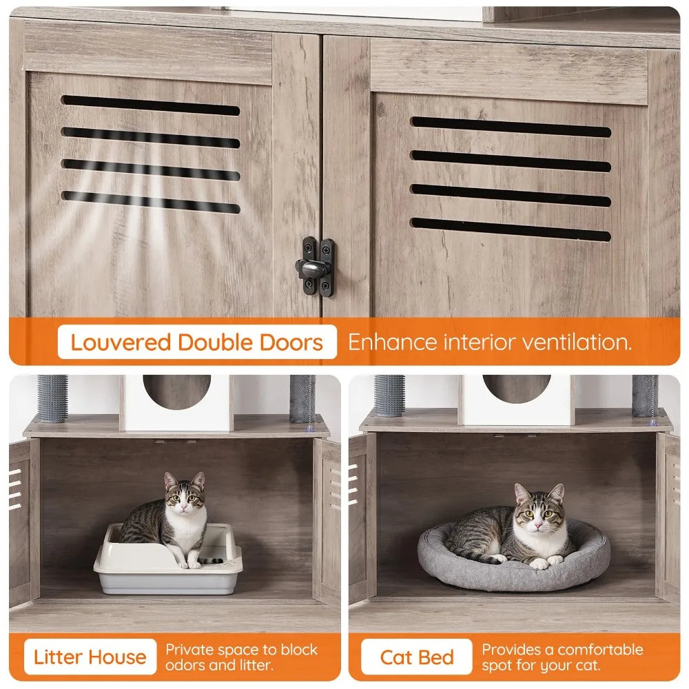 All-in-One Modern Cat Tower - 31.5" L x 17.7" W x 57" H Multi-Level Cat Furniture