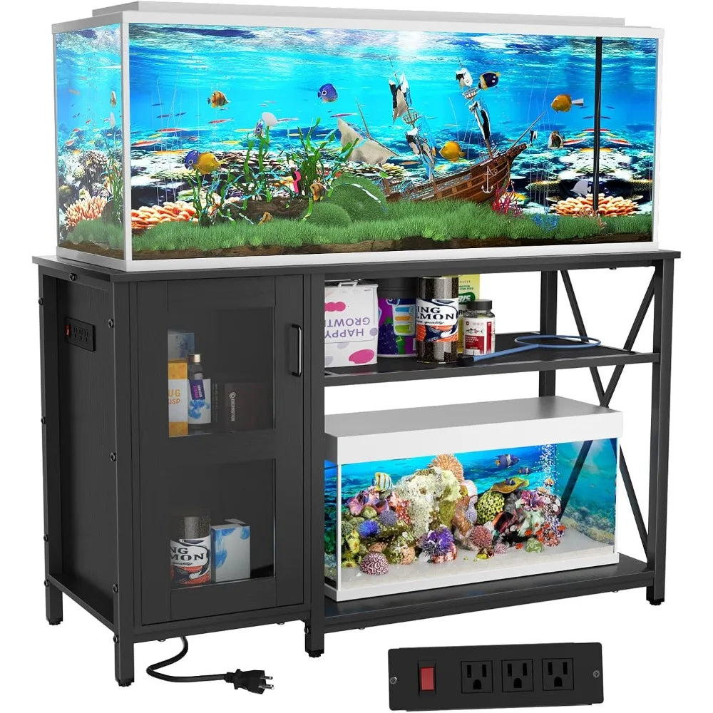 55-75 Gallon Fish Tank Stand, Aquarium Stand with Cabinet & Power Outlets for Fish Tank Accessories Storage, Heavy Duty Metal