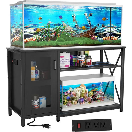 55-75 Gallon Fish Tank Stand, Aquarium Stand with Cabinet & Power Outlets for Fish Tank Accessories Storage, Heavy Duty Metal