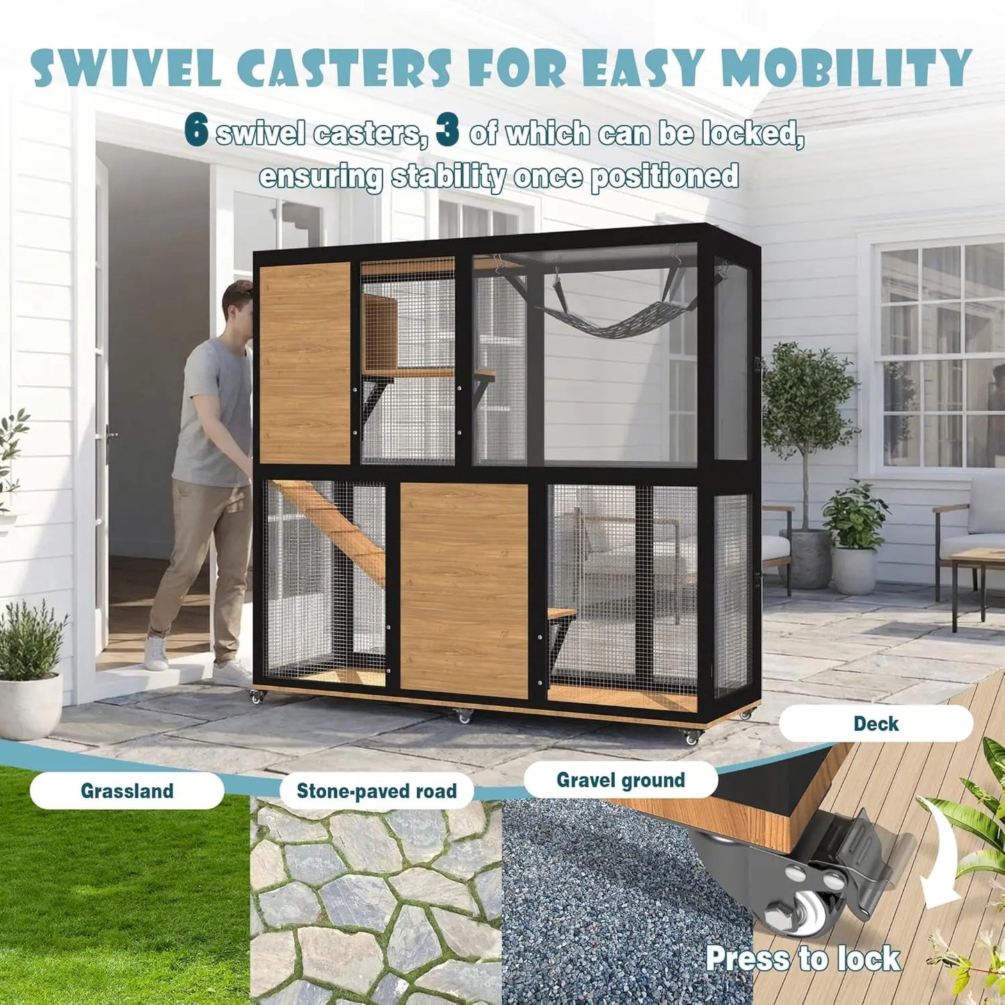 Catio Outdoor Cat Enclosure on Wheels, 4 Tier Large Cat House for Multiple Cats with Resting Box and Hammock, Indoor, Custom