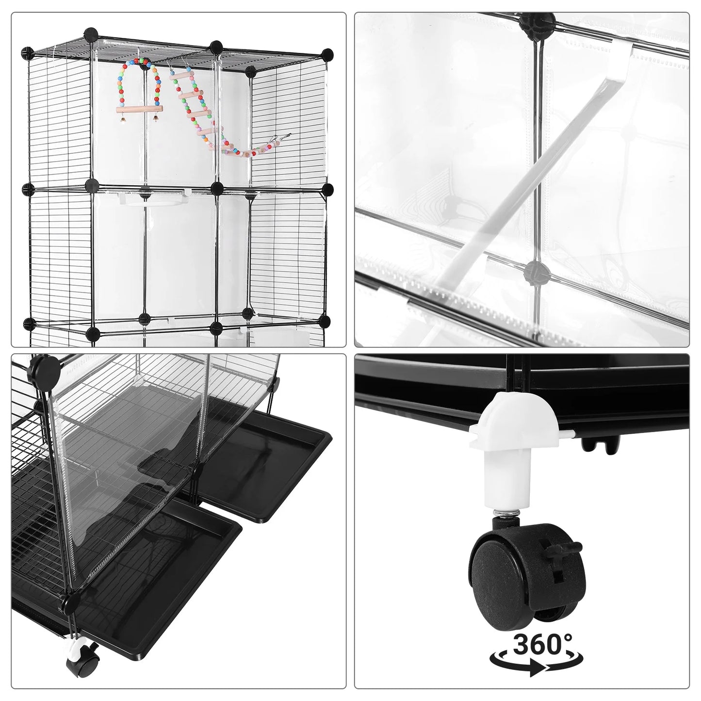 Bird Cage Universal Wheel Metal Parrot Cage with Stand Tray Swing Ladder (Black)