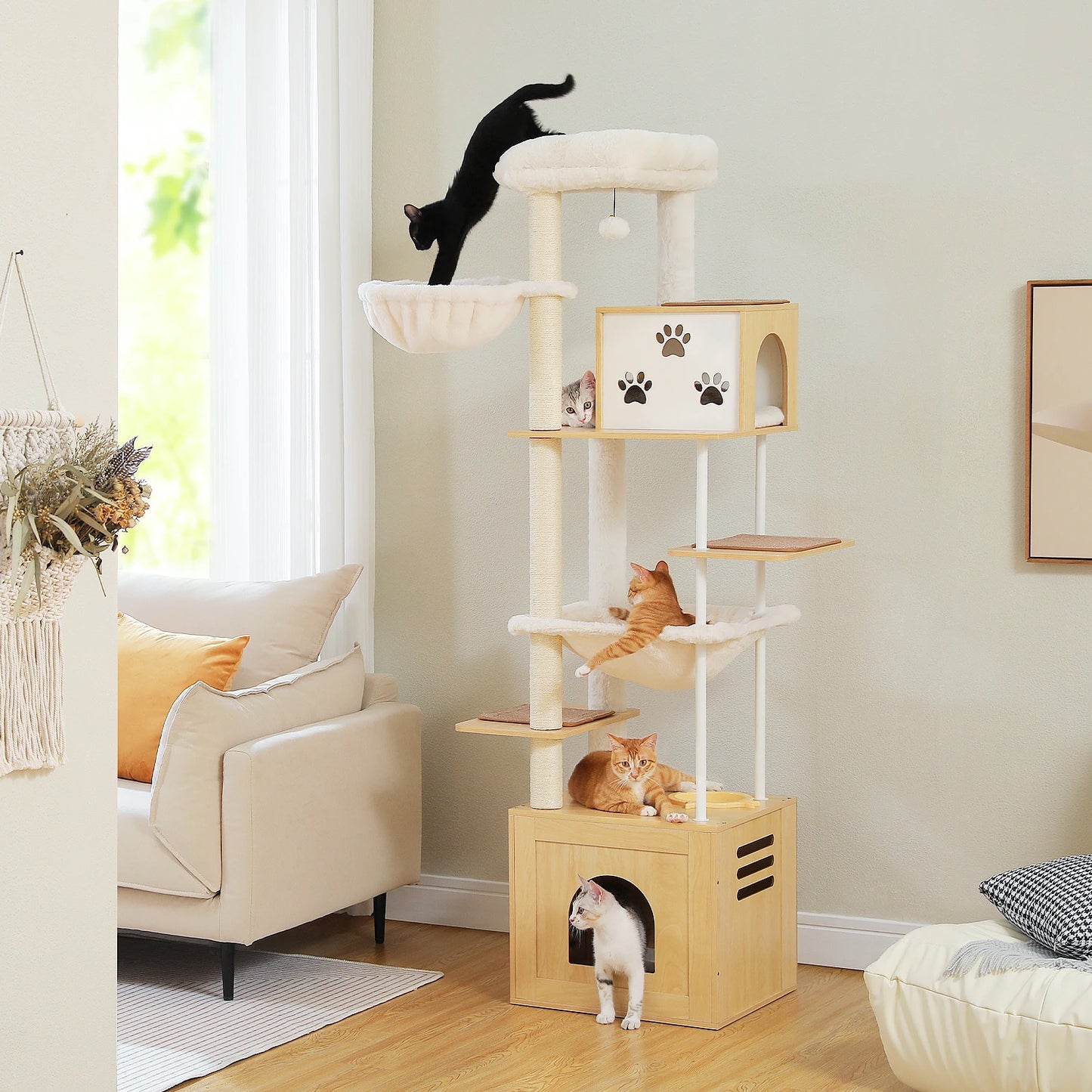 Large Cat Tree Wooden Tower with Extra Large Condos and Hammocks Modern Cat House with Spacious Perch Sisal Posts and Steel Tube