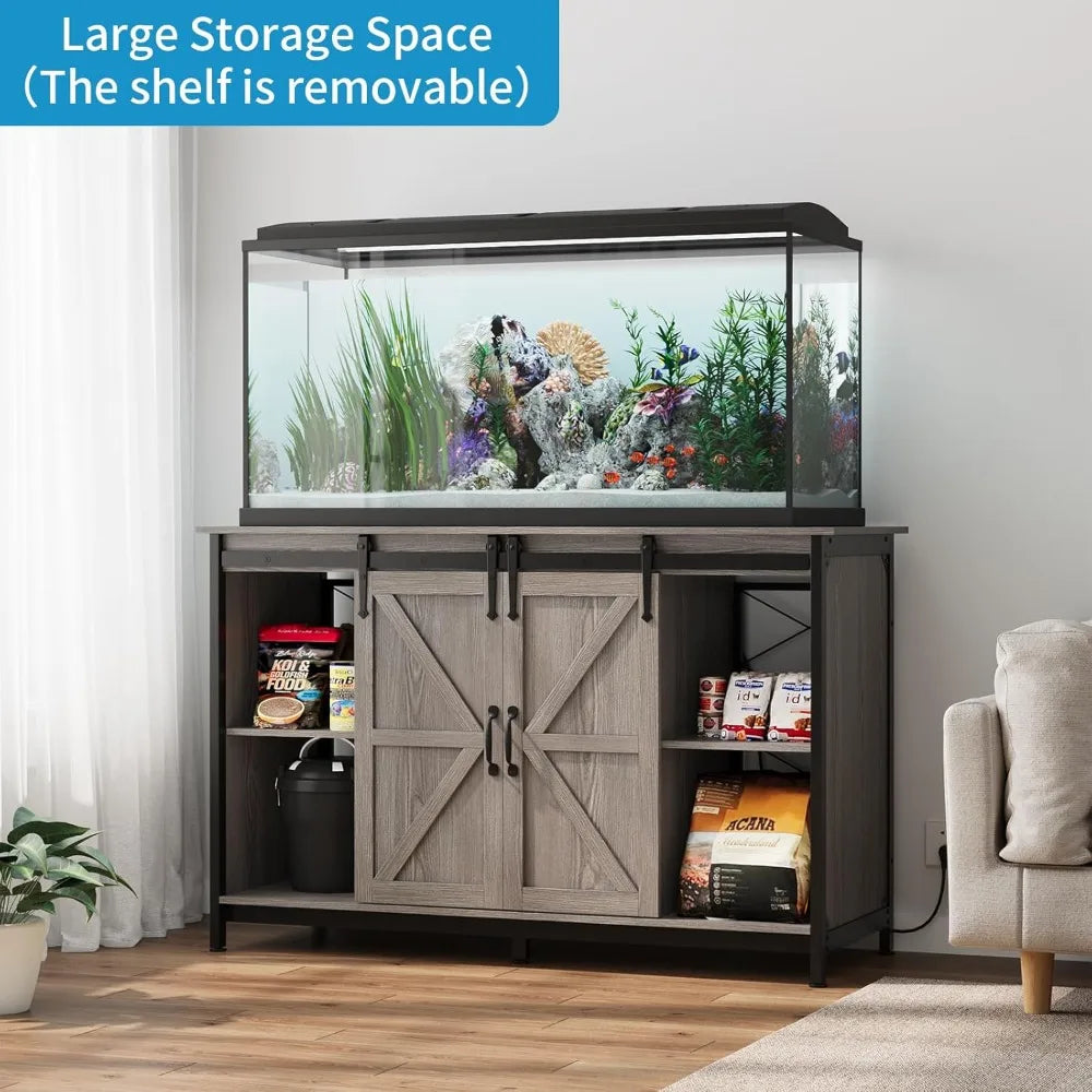 Farmhouse 55-75 Gallon Fish Tank Stand with Power Outlet, Aquarium Stand with Storage Cabinet and Sliding Barn Door, Heavy Duty