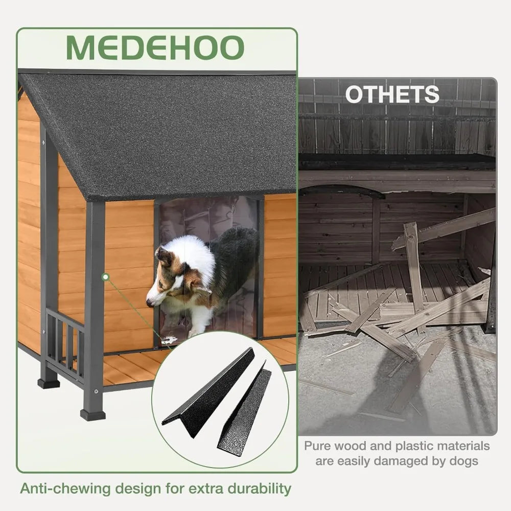 Outdoor Weatherproof Dog House, Easy to Assemble Puppy Shelter with All-Around Iron Frame & Fir Wood, Ideal for Large Dog Bree