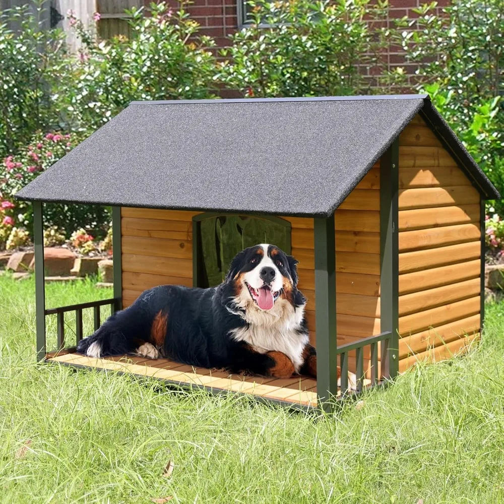 Outdoor Weatherproof Dog House, Easy to Assemble Puppy Shelter with All-Around Iron Frame & Fir Wood, Ideal for Large Dog Bree