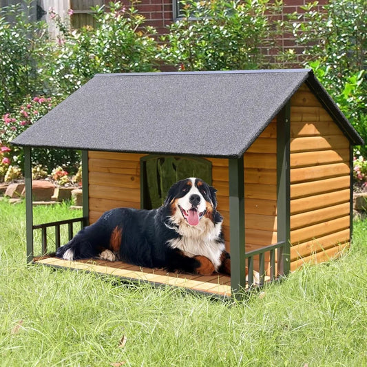 Outdoor Weatherproof Dog House, Easy to Assemble Puppy Shelter with All-Around Iron Frame & Fir Wood, Ideal for Large Dog Bree