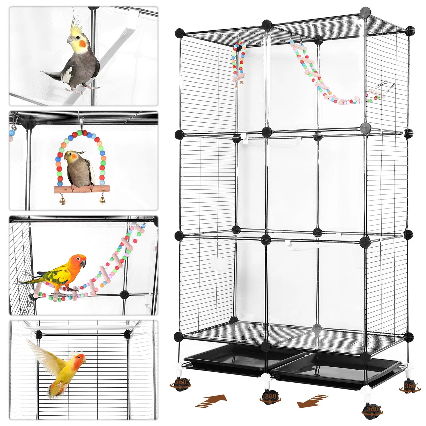 Bird Cage Universal Wheel Metal Parrot Cage with Stand Tray Swing Ladder (Black)