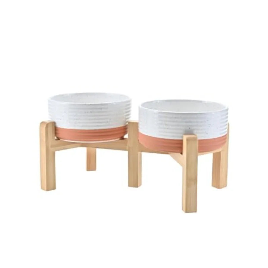 Elevated Dog Bowls Ceramic, 6.1'' Dogs and Cat Food Water Bowls Raised with Non-Slip Bamboo Stand for Medium Sized Breed Microw