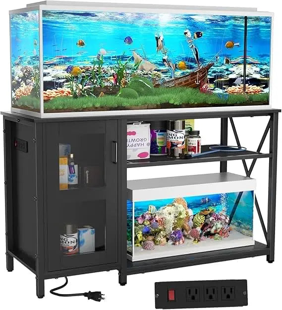 55-75 Gallon Fish Tank Stand, Aquarium Stand with Cabinet & Power Outlets for Fish Tank Accessories Storage, Heavy Duty Metal